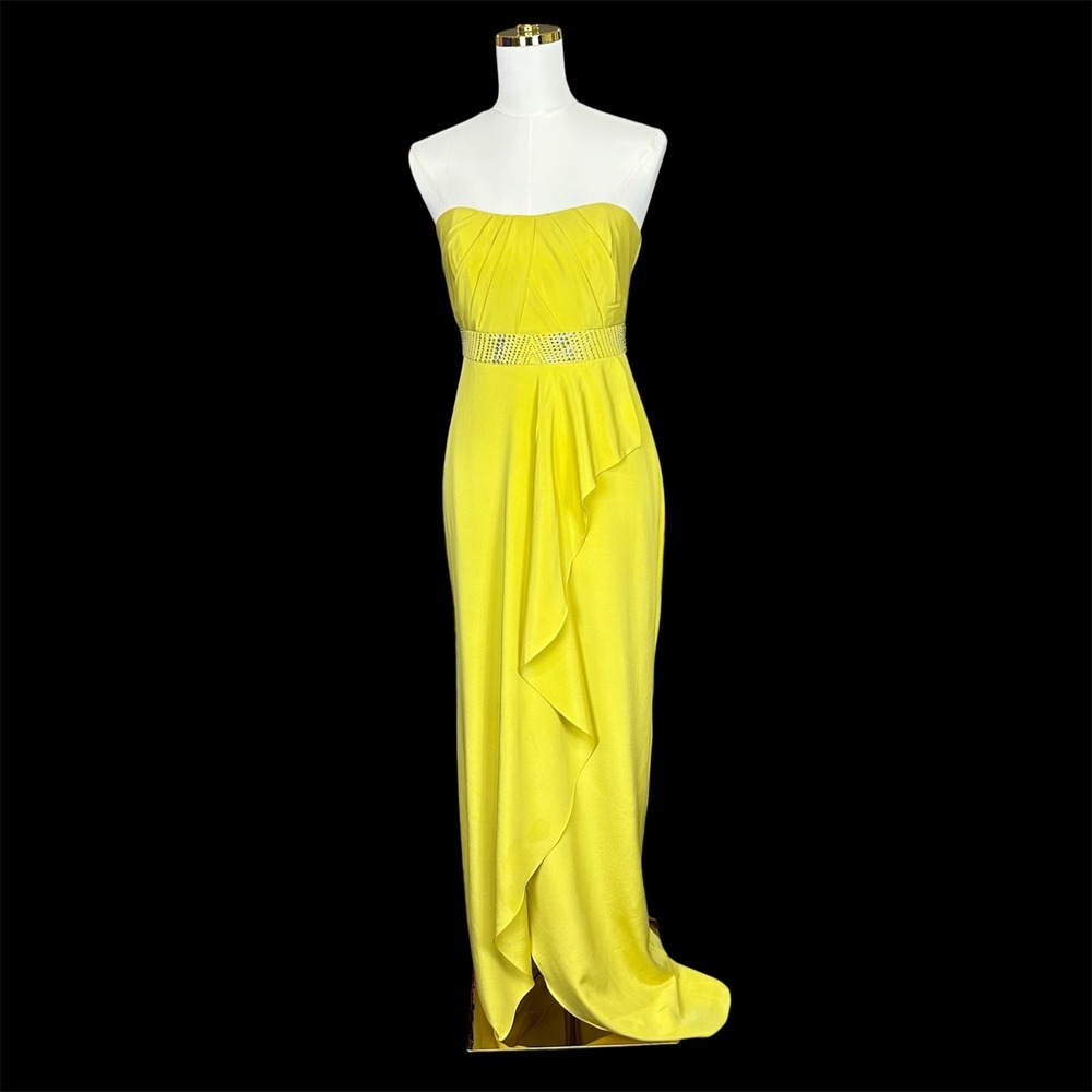 Nicole‎ Miller Yellow Strapless Embellished Waist Ruffle Evening Gown Maxi Dress - Picture 3 of 13